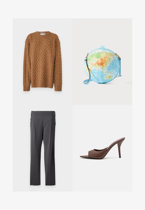 MOSCHINO MAGLIA - Strickpullover - marrone; Graue, maßgeschneiderte Hose mit geradem Bein, Vorderfalten und dekorativen Seitentasten für zusätzlichen Stil. Glatte Stoffstruktur.; Braune Leder-Open-Toe-Hochhackige Mules mit einem eleganten Design, das einen breiten Vorderriemen und einen schlanken Stiletto-Absatz aufweist.; Runde Umhängetasche, die einem Globus ähnelt, mit hellblauem Untergrund und detaillierter Karte in Grün-, Orange- und Blautönen; goldene Hardware-Akzente.