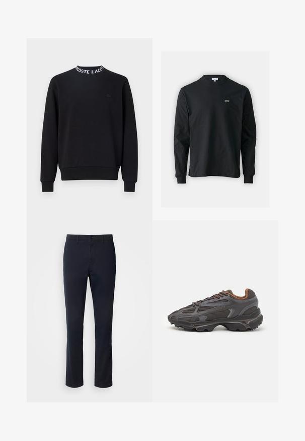 Felpa nera con scollo rotondo, testo bianco "LACOSTE", polsini e orlo a coste, e un piccolo logo nero sul petto.; T-shirt a maniche lunghe nera in cotone, con scollatura rotonda e un piccolo logo di coccodrillo ricamato in verde sul lato sinistro del petto.; Pantaloni blu navy realizzati in tessuto liscio, con un design a gamba dritta, passanti per cintura e chiusura con bottone e zip.; Sneaker Lacoste grigie scure in materiale mesh e sintetico, con suola testurizzata e dettagli marroni sul colletto e sul branding.