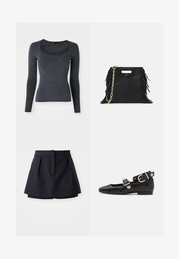 Tummanharmaa pitkähihainen ribbineulepaita, jossa on neliömainen kaula-aukko ja teksturoitu kuvio rinnassa. Valmistettu pehmeästä neulekankaasta.; Laivaston siniset laskostetut shortsit korkealla vyötäröllä, jotka on valmistettu sileästä kankaasta. Ominaisuuksiin kuuluvat istuva malli ja piilotettu etutasku.; Musta patenttinahkainen tasapohjainen kenkä suoralla varvastyöllä, nilkkahihna hopeisilla yksityiskohdilla ja tasainen pohja. Sileä pinta ja minimalistinen muotoilu.; Musta nahkakäekott, millel on frantsiisidetailid, kuldne õlgade rihm ja lõikega käepide. Ees on logo paigutus.