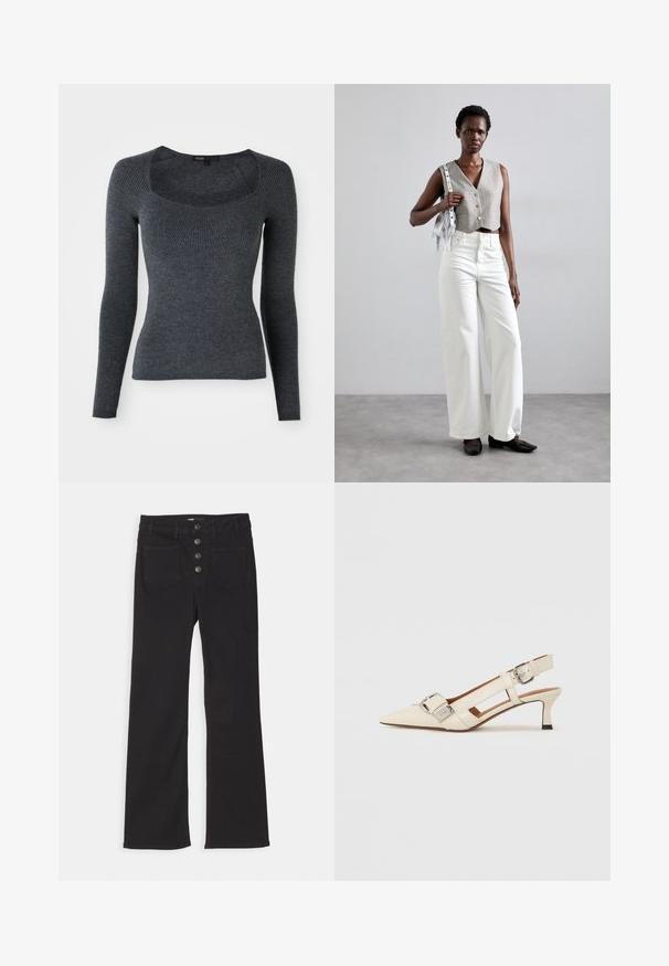 Maglione a maniche lunghe grigio scuro a coste con scollo quadrato e motivo testurizzato sul petto. Realizzato in morbido tessuto a maglia.; Jeans neri in denim a zampa d'elefante con vita alta, design a cinque tasche e chiusura frontale con quattro bottoni metallici.; Scarpa slingback bianca in pelle con punta affusolata, tacco basso e cinturino regolabile con una grande fibbia in argento ben in evidenza.; Gilet grigio corto con bottoni, abbinato a jeans bianchi a gamba larga e scarpe basse nere. Accessoriato con una piccola borsa argento con frange.