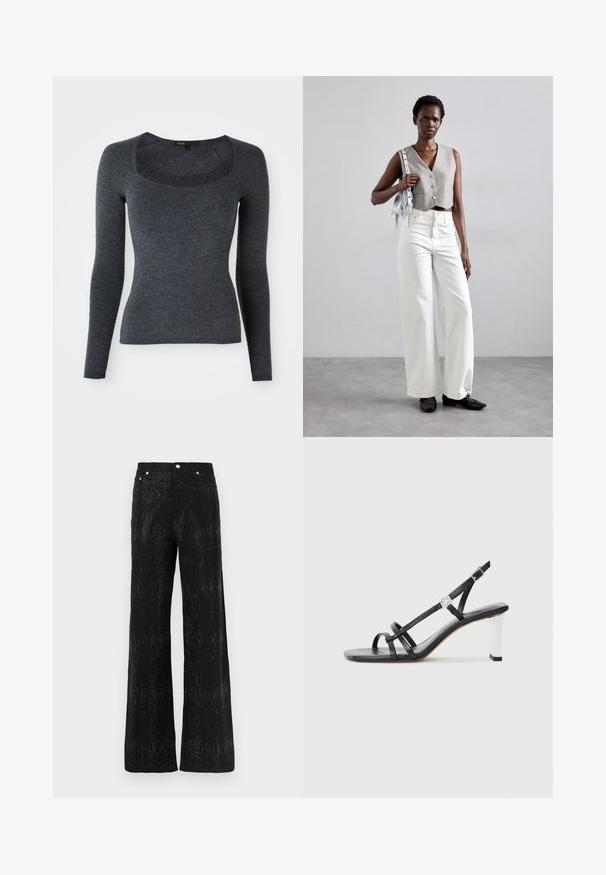 Tumehall pikkade varrukatega ribakudumiga sviiter, millel on ruudukujuline kaelus ja tekstuuriga muster rinnal. Valmistatud pehmest kudumist.; Mustad laiad püksid tekstuurse pinna ja särava mustriga. Viimistletud standardse vöökoha ja metallnupu aktsentidega.; Mustad musta värvi kontsaga sandaalid mitme kitsaste rihmaga, slingback disainiga ja hõbedase aktsendiga kontsal. Sile ülemine materjal ja kvartskonts.; Hallitatud hall vest nööpidega, koos valgete laia säärega teksade ja mustade lameda tallaga kingadega. Kaunistatud väikese hõbedase frantsiisiga kotiga.