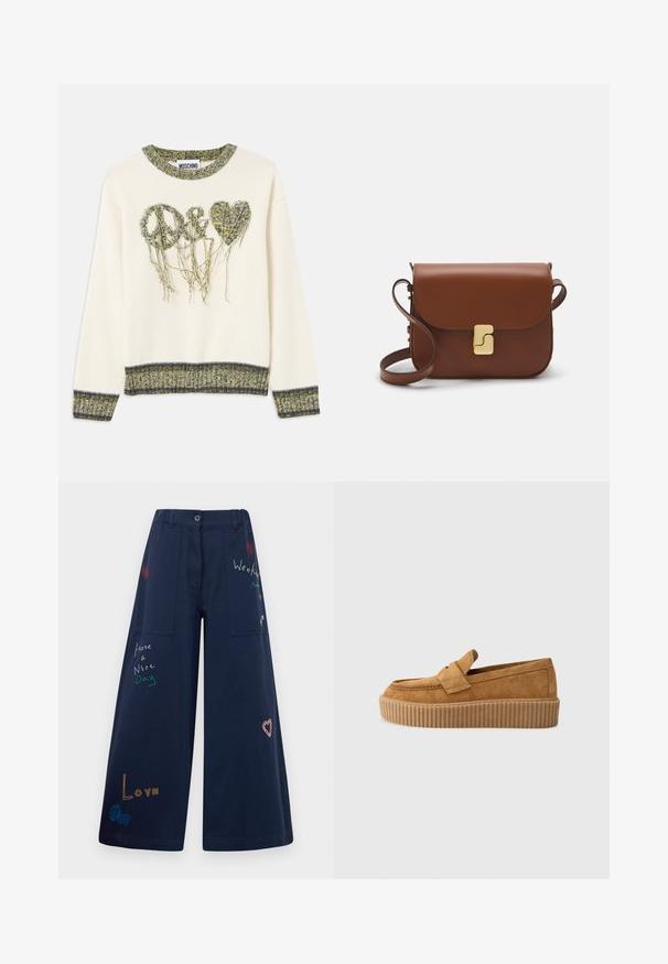Cream sweater with "peace" and heart designs in textured green yarn. Features a ribbed neckline and cuffs with contrasting dark accents.; Navy blue wide-leg pants in cotton with multiple pockets. Features colorful embroidered text and graphics including hearts and playful phrases.; Brown suede loafer with a round toe, featuring a ribbed platform sole and a decorative strap across the upper.; Brown leather handbag with a flap closure, gold-tone hardware, a shoulder strap, and a smooth texture. Compact rectangular shape.