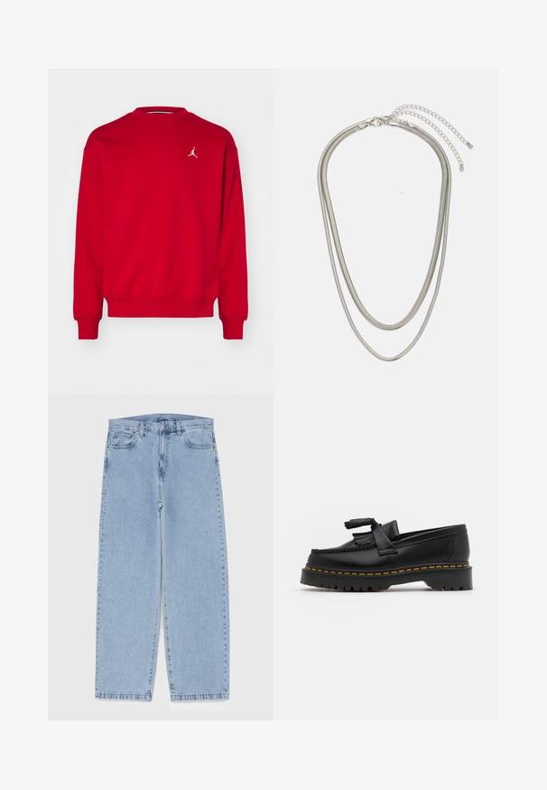 Röd sweatshirt med rundad halsringning och långa ärmar. Har en vit Jordan-logotyp på bröstet. Tillverkad av ett mjukt, strukturerat tyg.; Ljusblå denimjeans med rak bendesign, midjehög midja, fem fickor samt knapp- och dragkedjestängning.; Svart läderloafer med en tofsdetalj, med en kraftig svart sula och gul söm längs kanten. Strukturerad yta.; Tre-lager silvermetallhalsband med eleganta, flexibla kedjor med en svag glans, säkrad med ett kräftklämma och justerbar kedja.