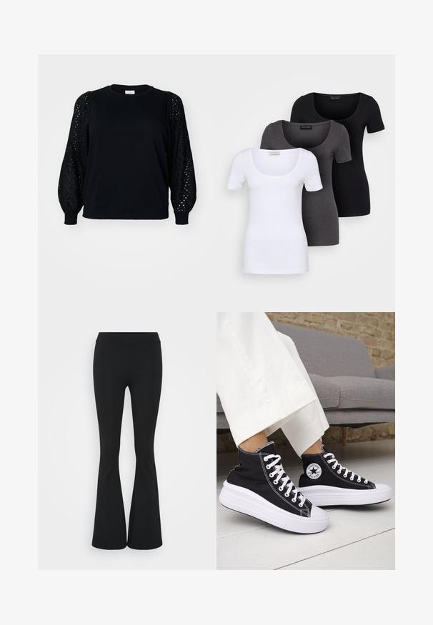 Svart hettegenser med ensfarget kropp og teksturerte, puffede blondermerker. Rund hals-design med ribbestrikkede mansjetter og kant.; Tre figurerte T-skjorter i hvit, grå og svart. Hver har en bred scoop-nakke og korte ermer. Laget av glatt, elastisk stoff.; Svarte flared bukser laget av elastisk stoff, med høy midje og en glatt tekstur. Buksene vidder ut fra kneet.; Svarte høye sneakers med hvite gummisåler og lisser. Har et rundt logo-merke og kontrasterende hvite sømmer. Laget av lerret.