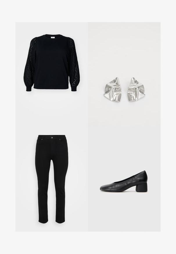 Crna dukserica s jednoličnim tijelom i teksturiranim, napuhanim čipkastim rukavima. Dizajn s okruglim izrezom i rebrastim manžetama i rubom.; Crne traperice od denima slim fit kroja, s pet džepova, zatvaranjem na dugme sprijeda i blago rastezljivim materijalom za udobnost. Ravna, glatka tekstura s minimalnim ukrasima.; Crna kožna pumpica s okruglim vrhom i srednje blok petom. Glatka tekstura s minimalnim detaljima, s suptilnim elastičnim otvaranjem.; Srebrne metalne naušnice s valovitim, skulpturalnim dizajnom, naglašenim sjajnom završnom obradom i nepravilnim oblicima, što ističe suvremeni estetski izraz.