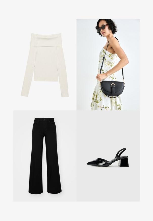 Off-the-shoulder ribbed long-sleeve top in cream. Features a wide neckline and textured fabric with vertical lines. Cropped fit.; Black wide-leg pants made of denim, featuring a structured waistband, belt loops, and front pockets. Smooth texture with a classic design.; Black patent leather slingback heels with a pointed toe and a geometric block heel. Features a sleek, minimal design and smooth texture.; Black leather handbag with a curved shape, detachable strap, and gold hardware. The bag features a flap with a buckle detail.