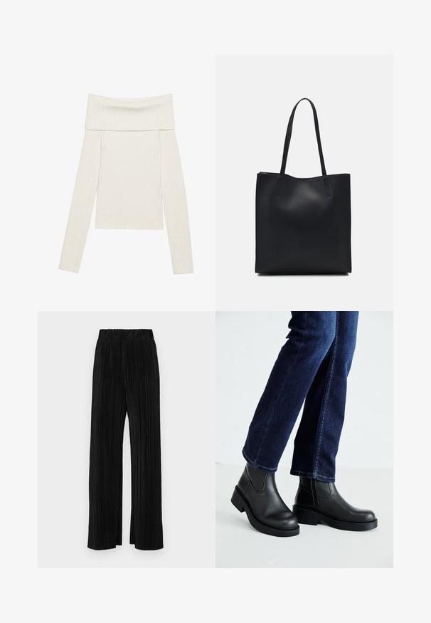 Top lung cu mânecă lungă, cu umărul descoperit, din material ribbed, în nuanță crem. Prezintă un decolteu larg și un material texturat cu linii verticale. Cropped.; Pantaloni negri plisati cu talie elastică. Prezintă picioare largi și un material neted, texturat, cu dungi verticale.; Bocanci negri din piele cu tălpi groase și panouri elastice pe laterale, asortați cu blugi de culoare bleumarin. Solul este de culoare deschisă.; Geantă tote neagră din piele, cu textură netedă, formă rectangulară și două mânere lungi. Fără hardware vizibil sau ornamente.