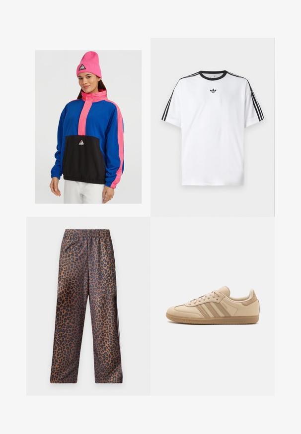 Värikäs fleece-takki, jossa on sininen runko, vaaleanpunaiset yksityiskohdat ja musta etutasku. Mukana ribattuja hihansuita ja korkea kaulus.; Valkoinen t-paita, joka on valmistettu puuvillasta, mustalla pyöreällä kaula-aukolla ja kolmella mustalla raidalla jokaisella olkapäällä. Pieni musta logo rinnassa.; Leopardikuosiset housut, joissa on joustava vyötärö. Valmistettu kiiltävästä kankaasta, jossa on ruskea pohja ja mustia laikkuja sekä väljä malli.; Beige nahkakengät, joissa on kolme vaakasuoraa raidhaa, pyöreä kärki, litteä ruskea kumipohja ja pehmeä kangasvuoraus varren ja kielen ympärillä.