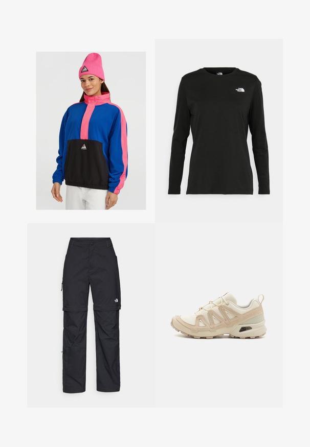 Colorful fleece jacket featuring a blue body with pink accents and a black front pocket. Includes ribbed cuffs and a high collar.; Black long-sleeve t-shirt made of cotton with a round neck. Features a small white logo on the left chest area. Simple design and fit.; Black nylon zip-off cargo trousers with adjustable cuffs, multiple pockets, and a logo on the right leg. Smooth, lightweight texture.; Beige and cream athletic shoe with textured mesh upper, supportive overlays, and rubber outsole featuring a tread pattern for traction.