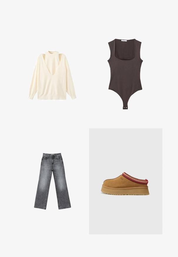 Krémové dlhé rukávy s hlbokým výstrihom do V a výrezom na ramene. Mäkká tkanina s voľným strihom a rebrovaným golierom a manžetami.; Hnedý bezramienkový body s hranatým výstrihom, vyrobený z mäkkej látky. Obsahuje zapínanie na patentky na spodnej časti a priliehavý strih.; Široké tmavosivé džínsy s vyblednutým povrchom, s piatimi vreckami, zapínaním na gombík a jemným prešívaním pozdĺž švov.; Hnedá semišová obuv na slip-on s červeným a krémovým vzorovaným lemovaním, textúrovanou podrážkou a logom UGG na boku. Obsahuje mierne zvýšenú platformu.