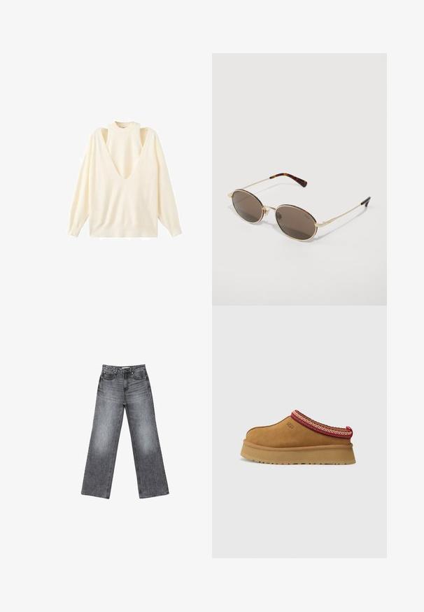 Top a maniche lunghe color crema con scollo a V profondo e design con spalle scoperte. Tessuto morbido con vestibilità rilassata e colletto e polsini a costine.; Jeans in denim scuro a gamba larga con finitura sbiadita, cinque tasche, chiusura con bottone e dettagli di cucitura sottili lungo le cuciture.; Scarpa slip-on in suede marrone con bordi a motivo rosso e crema, suola testurizzata e logo UGG di lato. Presenta un leggero rialzo della suola.; Occhiali da sole con lenti ovali marroni, montatura in metallo dorato e dettagli floreali multicolori sulle sopracciglia e sulle aste, con una punta in tartaruga.; Clutch in pelle nera con superficie texturizzata, tracolla a catena e dettagli con borchie lungo il fondo. Forma rettangolare con scomparto con zip.