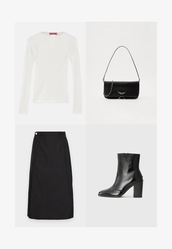 Valge ribakootud pika varrukaga topp ümmarguse kaelusega ja külgventileerimisega. Omab sujuvat tekstuuri ja istuvat siluetti. Brändi silt on näha.; Mustaline pikkus must seelik, mis on valmistatud siledast kangast. Seelikul on ees lõhik ja metalne nööbid, mis kaunistab vöökohta.; Must kõvale nahast pahklipsu saapad, millel on sile tekstuur, terav varvas ja paks kõrge kann. Omab külgavatust ja minimalistlikku disaini.; Mustvalge nahk käekott hõbedase ahelsanga ja dekoratiivsete tiivaaktsentidega, samuti valgete õmblustega alumises ühenduses.