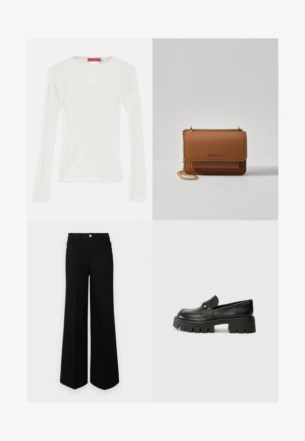 Hvit ribbestrikket langermet topp med rund hals og sidespalte. Har en glatt tekstur og en tettsittende silhuett. Merkeetikett vist.; Sorte viddejeans laget av robust stoff, med høyt liv, frontlommer og knappelukking foran. Flat kant nederst.; Sorte skinnloafers med en kraftig såle, med en gulltoneakcent foran og en jevn finish. Kraftig mønsterdesign på sålen.; Brun teksturert lær crossover-veske med gullkjede-stropp og klaffelukking. Fronten har logo-detalj og en lomme under klaffen.