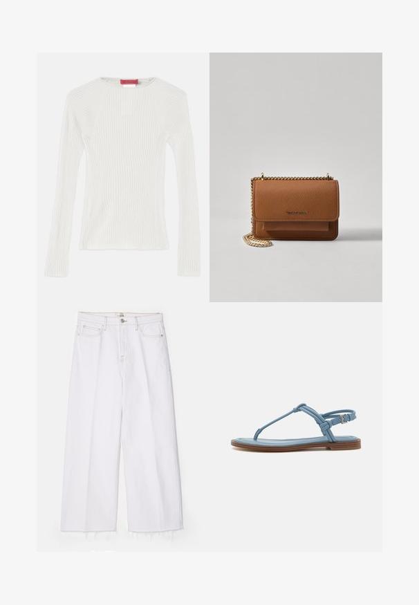 Bluză albă din tricot cu mânecă lungă, decolteu rotund și slituri laterale. Dispune de o textura netedă și o siluetă ajustată. Eticheta brandului este vizibilă.; FRAME LE JANE WIDE CROP RAW FRAY - Blugi loose fit - au natural clean; Sandalie de lemn cu brâu subțire de piele albastră, cu talpă plată, prezentând un design elegant și un sistem de prindere cu cataramă la gleznă pentru o ajustare sigură.; Geantă crossbody din piele texturată maro, cu curea din lanț aurit și închidere cu clapetă. Partea din față prezintă detalii cu logo și o buzunar sub clapetă.