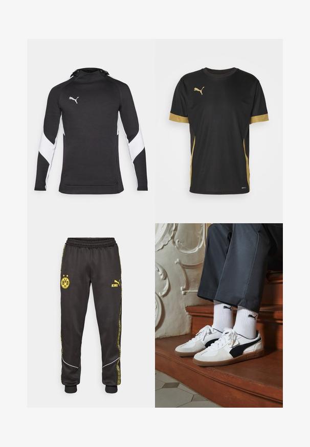 Zwarte sportieve hoodie met een hoge kraag, witte accenten op de mouwen en een klein logo in zilver. Zachte textuur, getailleerd ontwerp.; Zwarte sport T-shirt met gouden accenten op de mouwen en zijkanten. Voorzien van een ronde hals, korte mouwen en vochtregulerende DRYCELL-stof.; Zwarte sportbroeken met gele logos van Borussia Dortmund BVB 09 en Puma King, een elastische tailleband en gestreepte gele zijpanelen.; Puma sneakers in wit en zwart suède, met een bruine rubberen zool. Gecombineerd met witte sokken met een zwart logo, gedragen met donkere broek.