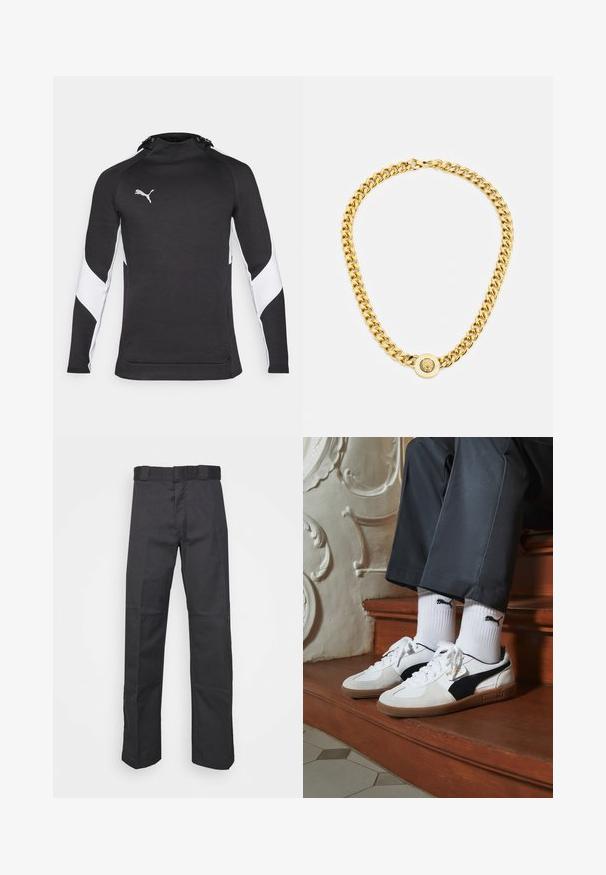 Mustat urheiluhupparit korkean kauluksen kanssa, valkoiset yksityiskohdat hihoissa ja pieni hopeinen logo. Pehmeä rakenne, istuva muotoilu.; Mustat pantsit kestävästä kankaasta, suoran lahkeen muotoilu, vyötärönauha, jossa on vyölenkit, ja saumat lisätekstuuria varten.; Puma-tenniset valkoisesta ja mustasta mokasta, joissa on ruskea kumipohja. Yhdistetty valkoisten sukkien kanssa, joissa on musta logo, tummien housujen kanssa.; Kultaketju, jossa on suuret toisiinsa kytkeytyvät lenkit, keskellä on pyöreä pendantin yksityiskohta, jossa on kohotettu emblem.
