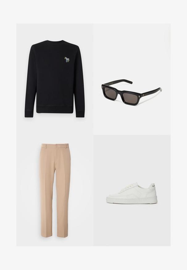 Sort sweatshirt lavet af bomuld med rund halsudskæring. Har en farverig zebra broderet på brystet samt ribkantede manchetter og kant.; Beige bukser lavet af glat stof, med en lige ben-design, en frontlukning med knap og diskrete foldedetaljer foran.; Hvide lædersneakers med en glat overflade, rund tå, flade snørebånd og en tekstureret sål. Har et diskret logo på hælen.; Sorte rektangulære solbriller med mørke glas, tyk plastisk ramme, guldtryk på stængerne og brandlogo indgraveret på armen.