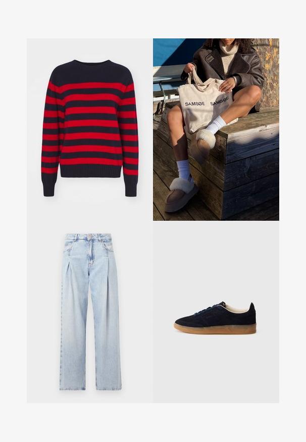 Maglione a righe rosse e blu realizzato in morbido tessuto a maglia. Presenta un collo rotondo e polsini e orlo ribattuti. Classico motivo a righe orizzontali.; Jeans in denim azzurro chiaro con vita alta, taglio a gamba larga, due tasche laterali e design plissettato. Texture morbida con una finitura sbiadita.; Sneaker in camoscio blu navy con suola in gomma color gomma, lacci blu e design minimalista. Presenta logo in rilievo sul lato e fodera interna liscia.; Borsa tote beige con "SAMSOE" stampato due volte, ciabatte beige con bordo in pelliccia bianca, calze bianche e un cappotto in shearling marrone su una superficie di legno.