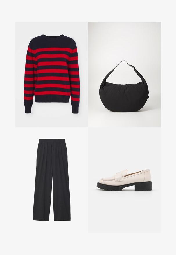 Pulover cu dungi roșii și bleumarin, realizat dintr-un material tricotat moale. Dispune de un decolteu rotund și manșete și tiv cu nervuri. Model clasic cu dungi orizontale.; Pantaloni largi dintr-un material gri închis. Prezintă pliuri la talie, un design ajustat și o siluetă dreaptă.; Loaferi din piele bej deschis, cu vârf cusut și cu o talpă platformă texturată de culoare neagră. Caracterizată printr-un design curbat și o ușoară ridicare.; Geantă de umăr din material textil negru, cu o formă curbată, având un singur mâner și închidere cu fermoar. Textură moale, design minimalist.