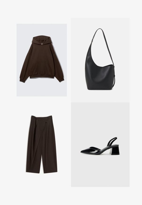 Brown oversized hoodie made of cotton blend fabric, featuring a large hood, front pocket, and ribbed cuffs. Smooth texture with minimal design.; Dark brown wide-leg trousers with a high waist, featuring a single button closure and a pleated front. Made from lightweight fabric.; Black patent leather slingback heels with a pointed toe and a geometric block heel. Features a sleek, minimal design and smooth texture.; Black leather hobo bag with a smooth texture, curved shape, and single adjustable strap; features a wide opening at the top.