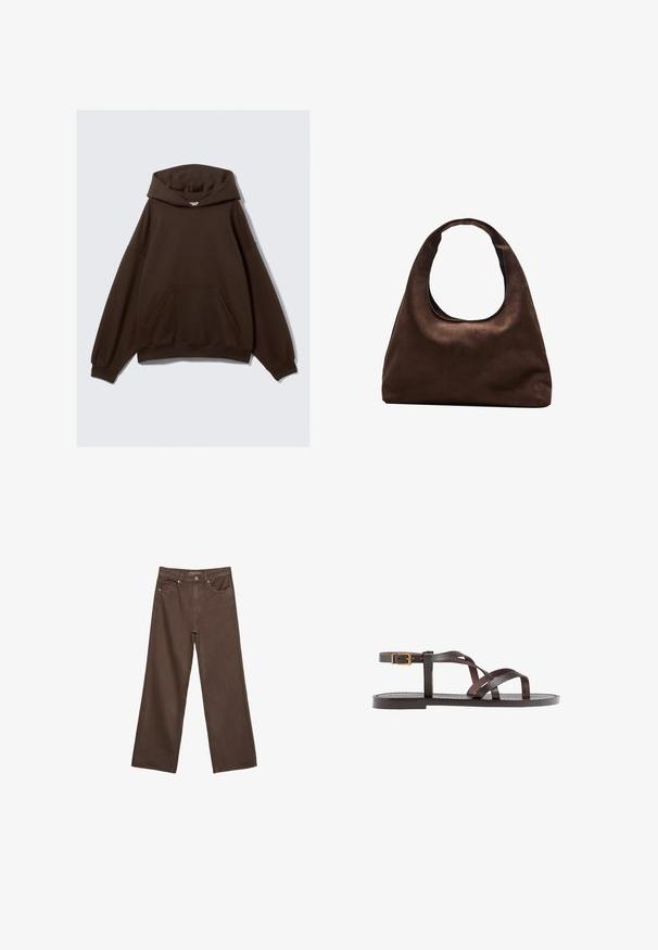 Braon oversized hoodie izrađen od kombinacije pamučnog materijala, s velikom kapuljačom, prednjim džepom i rebrastim manžetama. Glatka tekstura s minimalnim dizajnom.; Proširene smeđe traperice od denima, s visokim strukom, prednjim džepovima i klasičnom kopčom na dugme. Glatka tekstura s suptilnim šavovima.; Smeđe kožne sandale s iskrižanim trakama, umetkom za zapešće s kopčanjem i ravnim potplatom s minimalnim detaljima šivanja.; Meka mekana smeđa torba hobo stila s jednim širokim remenom i zakrivljenim otvaranjem na vrhu, prikazana na bijeloj pozadini.