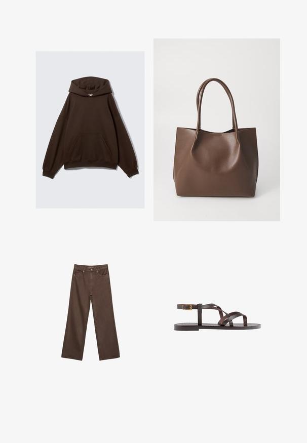 Ruskea ylisuuri huppari, joka on valmistettu puuvillasekoitekankaasta. Siinä on suuri huppu, etutasku ja ribbireunat. Sujuva pinta ja minimaalinen muotoilu.; Leviittävät ruskeat farkut, jotka on valmistettu denimistä, korkea vyötärö, etutaskut ja klassinen nappikiinnitys. Silkkinen pinta hienovaraisella ompelutyöllä.; Ruske kožne sandale s križnim trakama, zatvaranjem na kopču oko gležnja i ravnim potplatom s minimalnim detaljima šivanja.; Ruskea nahkatote-laukku, jossa on kaksi pitkää kahvaa, ryhdikäs muoto, sileä pinta ja minimalismi. Ei näkyvää metalliosaa tai koristeita.