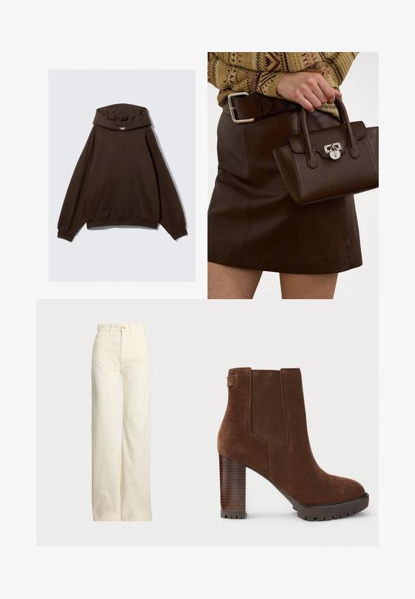 Hoodie oversize marron en tissu mélangé coton, doté d'une grande capuche, d'une poche frontale et de poignet côtelés. Texture lisse avec un design minimal.; Polo Ralph Lauren COTTON CORDUROY WIDE-LEG PANT - Pantalon classique - warm white; Bottine en cuir suédé marron avec panneaux latéraux élastiques, bout carré et talon en bois épais. Semelle texturée pour une meilleure adhérence.; Sac en cuir marron avec une finition texturée et des accessoires en argent, tenu à la main à côté d'une jupe en cuir marron et d'un pull à motifs.