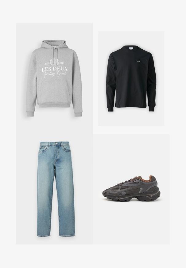 Hoodie grigio realizzato in tessuto morbido, con tasca frontale, cappuccio con cordino e testo stampato bianco: "LES DEUX Sporting Goods EST. 2011."; T-shirt a maniche lunghe nera in cotone, con scollatura rotonda e un piccolo logo di coccodrillo ricamato in verde sul lato sinistro del petto.; Jeans di denim azzurro chiaro con una vestibilità ampia, gambe dritte, design a cinque tasche e chiusura con bottone in vita. Dettagli di cucitura minimalista.; Sneaker Lacoste grigie scure in materiale mesh e sintetico, con suola testurizzata e dettagli marroni sul colletto e sul branding.