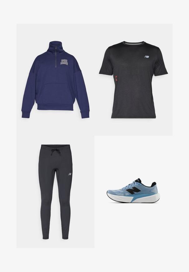 Tengerészkék pulóver magas gallérral, félcipzárral, elülső zsebbekkel és fehér "Under Armour" logóval a bal mellen. Pamut keverék anyag.; New Balance ATHLETICS GRAPHIC - Sportfelső - black; Fekete sportleggings rugalmas anyagból. Két részes derékrészének húzózsinóros kialakítása van, és a jobb combján egy kisméretű reflektáló logó található.; Világoskék futócipő fekete logóval, vastag fehér talppal és fekete bélésbel, oldalnézetből, fehér háttér előtt.