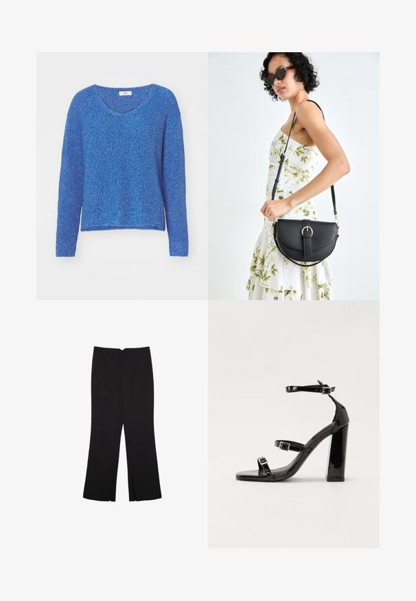 Niebieski sweter dzianinowy z dekoltem w serek, długimi rękawami i luźnym krojem. Tekstura jest miękka z lekko otwartym splotem. Metka marki widoczna przy dekolcie.; Czarne spodnie o prostym kroju, z przednimi kieszeniami i bocznymi rozcięciami na dole. Wykonane z miękkiego, gładkiego materiału. Odpowiednie na różne okazje.; Czarne lakierowane sandały na obcasie z kwadratowym noskiem, z paskami wokół kostki i srebrnymi klamrami. Posiadają masywny słupek dla stabilności.; Czarna skórzana torebka o zakrzywionym kształcie, z odpinanym paskiem i złotymi akcentami. Torebka posiada klapę z zapięciem w kształcie klamry.