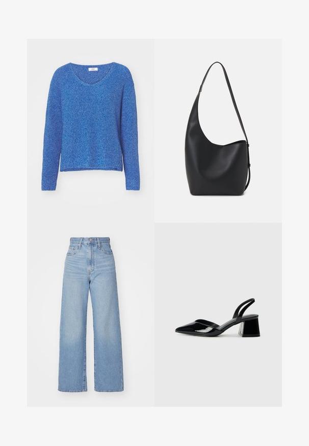 Zils adīts džemperis ar V-veida kakla izgriezumu, garām piedurknēm un brīvu piegriezumu. Audums ir mīksts ar nedaudz vaļīgu austu struktūru. Zīmola etiķete redzama ap kaklu.; Gaiši zili augstās jostas vidukļa platās bikses ar priekšējo pogu un rāvējslēdzēju, priekšējām un aizmugurējām kabatām uz baltā fona.; Melna lakota āda ar atvērto papēdi, ar smailu purngalu un ģeometrisku blokpapēdi. Iezīmējas elegants, minimāls dizains un gluda tekstūra.; Melnas ādas hobo soma ar gludu tekstūru, izliekta forma un vienu regulējamu jostu; augšā ir plaša atvere.