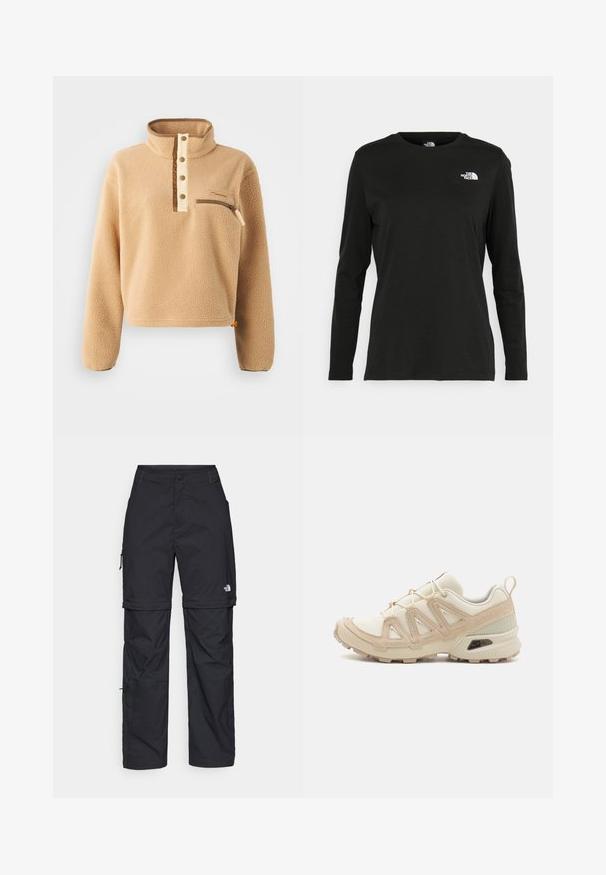 Beige fleece-paita, jossa on korkea kaulus, puolivälin napitus ja vasemmassa rinnassa vetoketjupussi. Rakenne, jossa on ruskeita yksityiskohtia.; Musta pitkähihaisen t-paita, joka on valmistettu puuvillasta ja jossa on pyöreä kaula-aukko. Vasemmassa rinnassa on pieni valkoinen logo. Yksinkertainen muotoilu ja istuvuus.; Mustat nailonista valmistetut irrotettavat cargo-housut säädettävillä lahkeilla, useilla taskuilla ja logolla oikeassa jalassa. Liukas, kevyt rakenne.; Beige ja kreemi värvi sportlikud jalanõud, millel on tekstiilne mesh ülemine osa, toetavad ülekatted ja kummist tald, millel on mustripattern haardeks.