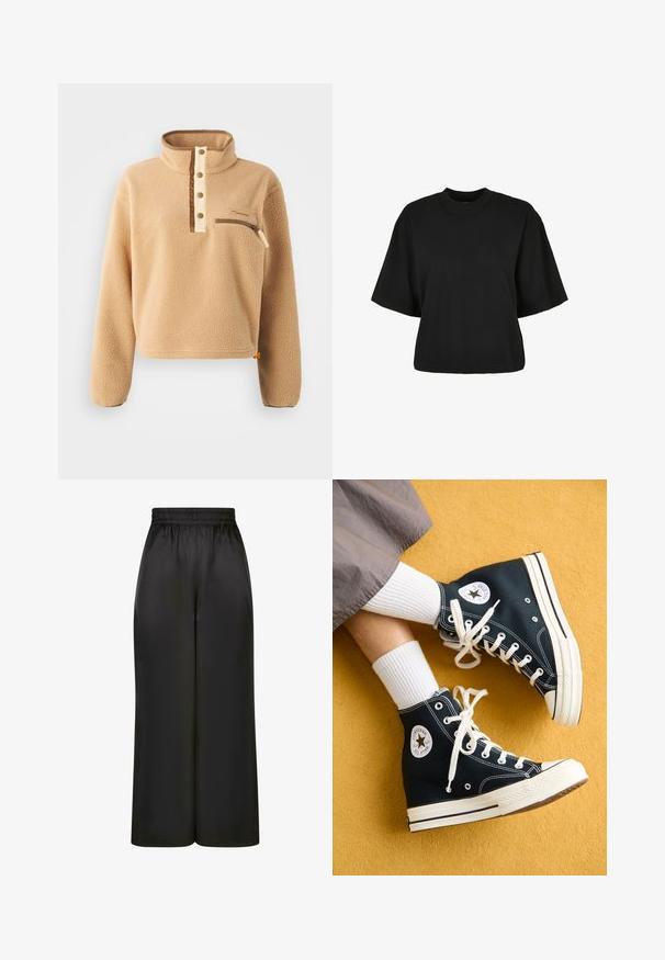 Béžový fleecový svetr s vysokým límcem, zapínáním na polovinu knoflíku a bočním zipovým kapsou na levé hrudi. Texturovaná tkanina s hnědými akcenty.; Černé zkrácené tričko vyrobené z bavlny. Má krátké rukávy a kulatý výstřih. Hladký povrch s jednoduchým designem, bez dalších vzorů.; Černé široké kalhoty vyrobené z hladké, lesklé látky, s elastickým pasem bez viditelných kapes nebo kovových detailů.; Černé vysoké plátěné tenisky s bílými tkaničkami a gumovou podrážkou, se zaobleným logem Converse All Star na vnější straně.