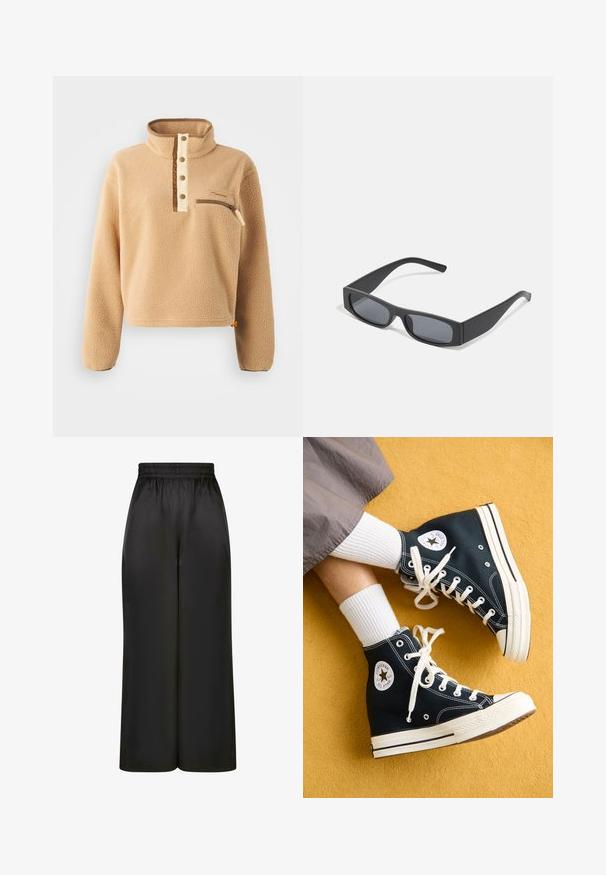 Beige fliisi särk kõrge kraega, pool-nööbid ja vasakpoolne rinnakott lukuga. Tekstuuriga kangas pruunide aktsentidega.; Mustad laiad püksid, mis on valmistatud siledast, läikivast kangast, millel on elastne vöökoht ja ilma nähtavate taskute või riistvara detailideta.; Mustad mustad kanvas sneakerid valgete paelte ja kummitaldadega, millel on ümmargune Converse All Star logo välisküljel.; Mustad ristkülikukujulised prillid tumepruunide objektiividega ja paksude mattmustade raamidega. Raamide varred on veidi kitsenenud ja neil on sile tekstuur.