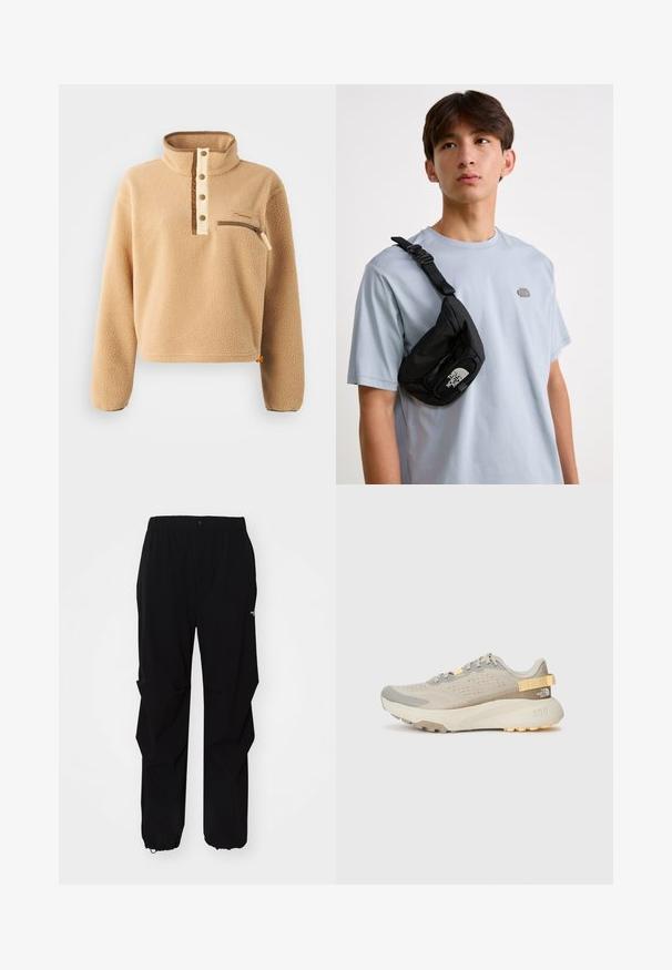 Bežna flis pulover s visokim ovratnikom, polgumbno zapiranje ter žepom na zadrgo na levem prsnem delu. Teksturna tkanina z rjavimi akcenti.; Črne zunanje hlače iz trpežnega materiala, s sproščenim krojem, elastičnim pasom in odprtinami na koncu, ki omogočajo prilagodljivo dolžino.; Svetlo bež športni čevlji za tek z teksturirano mrežasto zgornjico, sivimi detajli, trpežnim gumijastim podplatom in stransko zanko za enostavno obuvanje.; Črn najlonov crossbody nahrbtnik z nastavljivim paščkom, ki ima vidno belo logotip. Nosi se čez svetlo modro majico. Preprost, funkcionalen dizajn.