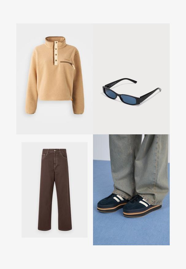 Beige fleece pullover with a high collar, half-button placket, and a left chest zip pocket. Textured fabric with brown accents.; Brown wide-leg denim pants with contrasting stitching, five pockets, and a metal button closure. Smooth texture, straight cut.; Dark blue suede platform sneakers with white stripes and black laces. Features a thick brown rubber sole. Worn with light blue denim pants.; Black sunglasses with a sleek rectangular frame and blue lenses. Features smooth texture and sturdy temples. Brand logo on the side.