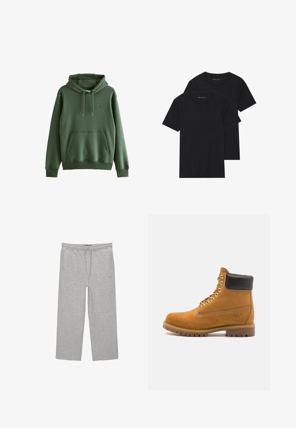 Zeleni pamučni dukserica s prednjim džeparom, kapuljača s podesivom špagom, rebrasti manžeti i malim logotipom. Glatka tekstura, ležeran dizajn.; Dvoje crnih pamučnih majica s kratkim rukavima, okruglim izrezom i glatkom teksturom, prikazanih n stacked. ; Sive cotton hlače za opuštanje s elastičnim pojasom, vezicom i dva bočna džepa; ravni kroj, mekana tekstura, bez uzoraka.; Antracitne antilop čizme do gležnjeva s crnim podstavljenim ovratnikom, zlatnim metalnim rupicama, bijelim šavovima i robusnom gumenom potplatom s izraženim šarama.