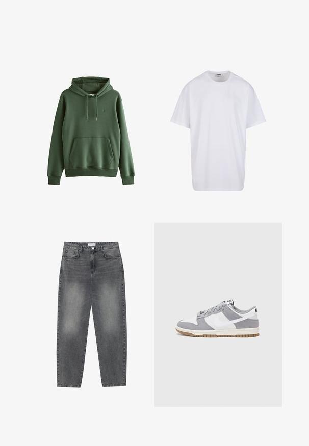 Felpa verde in cotone con tasca frontale, cappuccio regolabile con cordoncino, polsini a coste e un piccolo logo. Tessuto morbido, design casual.; Maglietta bianca in cotone con maniche corte, scollatura rotonda, vestibilità comoda e senza loghi o motivi visibili. Texture liscia e design minimale.; Jeans a vita alta, dal taglio ampio in denim nero sbiadito. Presentano cinque tasche, passanti per cintura e un design dritto e pulito.; Sneaker grigia e bianca con tomaia in suede e pelle, punta arrotondata, lacci piatti e soletta in gomma con un accento color caramello.