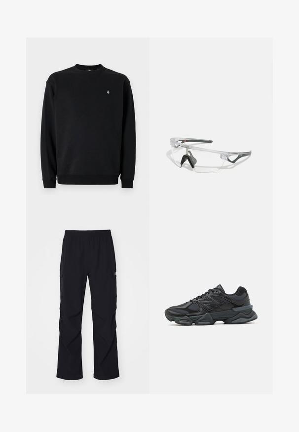 Felpa nera in cotone, con scollatura tonda, maniche lunghe, polsini e orlo a costine, e un piccolo logo sul lato sinistro del petto.; Pantaloni cargo neri realizzati in materiale leggero, con vita elastica, tasche laterali e design a gamba dritta.; Scarpa da corsa nera con una combinazione di materiali in rete e sintetici, suola spessa, design curvo e marchio ben visibile sul lato.; Occhiali di sicurezza trasparenti con una montatura leggera e trasparente e accenti grigi. Presentano un design avvolgente e un supporto per il naso regolabile.