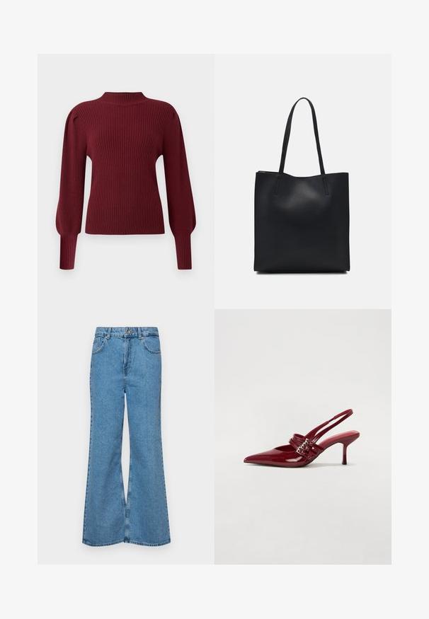 Burgundia ribiga kootud sviiter kõrge kaelusega, pikkade puhvidega varrukatega ja toestatud mansettidega. Omab pehmet tekstuuri ja struktureeritud disaini.; Heledad sinine flared teksade rõivad, millel on kõrge talje, viis taskut ja üks nupulukk. Pehme tekstuur ja pleekinud viimistlus.; Punased lakknahast slingback kontsad, millel on terav varvas, kaks luku rihma ja saledat, keskmise kõrgusega stiletto kontsad. Sile tekstuur.; Mustast nahast kott sujuva tekstuuriga, ristkülikukujuline ja kahe pika sangaga. Pole nähtavat riistvara ega kaunistusi.