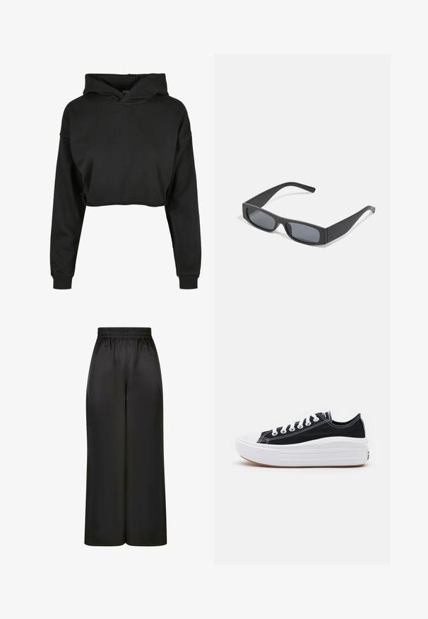 Mustast lühikesest kapuutsiga jakist, mis on valmistatud pehmest kangast. Jakil on reguleeritav kapuuts, pikad varrukad ja soonikkoes mansetid ning see on disainitud puhta ja lihtsa välimusega.; Mustad laiad püksid, mis on valmistatud siledast, läikivast kangast, millel on elastne vöökoht ja ilma nähtavate taskute või riistvara detailideta.; Mustad mustad kingad valgete paeltega, valge kummist varbakattega ja paksu valge vaheosaga. Omab diskreetset valget õmblust ja kummi talla.; Mustad ristkülikukujulised prillid tumepruunide objektiividega ja paksude mattmustade raamidega. Raamide varred on veidi kitsenenud ja neil on sile tekstuur.