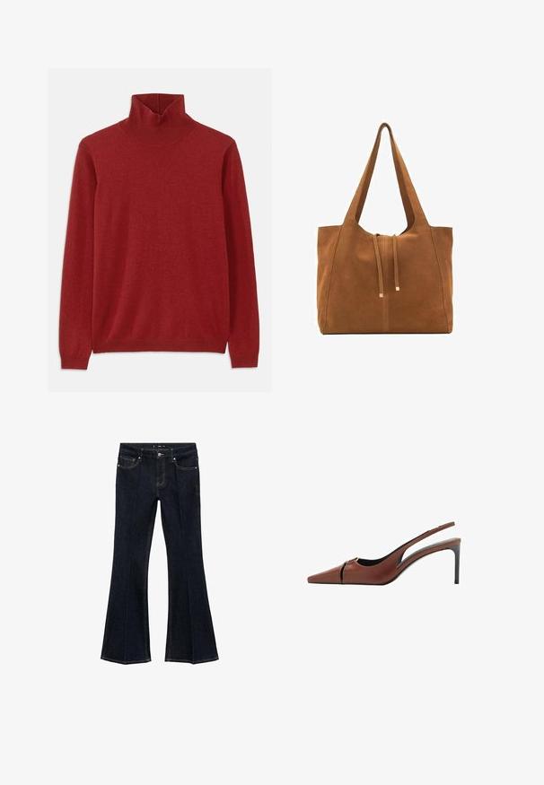 Crvena rolka od mekog materijala, s rebrastim izrezom i dugim rukavima, glatke teksture bez vidljivih uzoraka.; Tamno plave traperice visokog struka s prednjim džepovima i širokim nogavicama, prikazane ravno na bijeloj pozadini.; Smeđa kožna slingback potpetica s iznimno šiljastim vrhom, izrezanom detaljom na gornjem dijelu i elegantnom stiletto potpeticom. Glatka tekstura.; Smeđa antilop torba za ruke s dva duga remena, zatvaranje na vezicu i minimalistički dizajn. Glatka tekstura i bez vidljivih metalnih elemenata.
