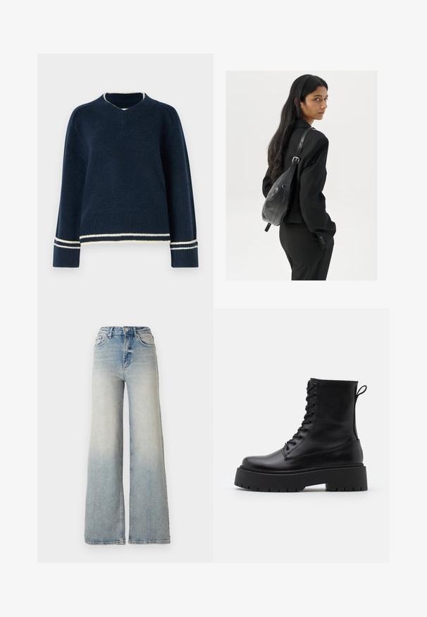 Abercrombie & Fitch LADY - Jumper - navy blazer; Light blue wide-leg jeans made of denim, featuring a high waist, five pockets, and visible stitching along the seams.; Black leather ankle boots with a round toe, lace-up front, and a thick rubber sole featuring a textured tread. Pull tab at the back.; Woman with long dark hair wearing a black suit, carrying a black leather shoulder bag, looking over her shoulder against a white background.