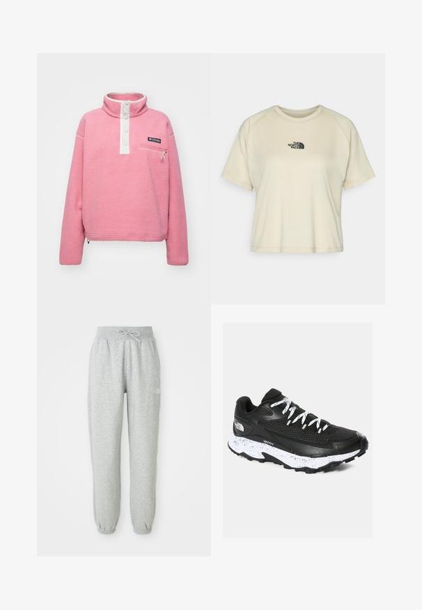 Columbia HELVETIA™ II CROPPED HALF SNAP - Pulover iz flisa - pink agave; Kremna kratka majica s kratkimi rokavi in okroglim izrezom ter raglan rokavi. Zgornji del prsnega koša krasi črn vezen logotip.; Sive trenirke z elastičnim pasom in vrvico. Tkanina je mehka, vključuje elastične manšete na gležnjih in akcente z logotipom.; Črne športne čevlje z mrežasto zgornjimi deli in teksturiranim dizajnom. Imajo belo pikčasto srednje podplato, debel črn podplat in odsevnico vezalke.