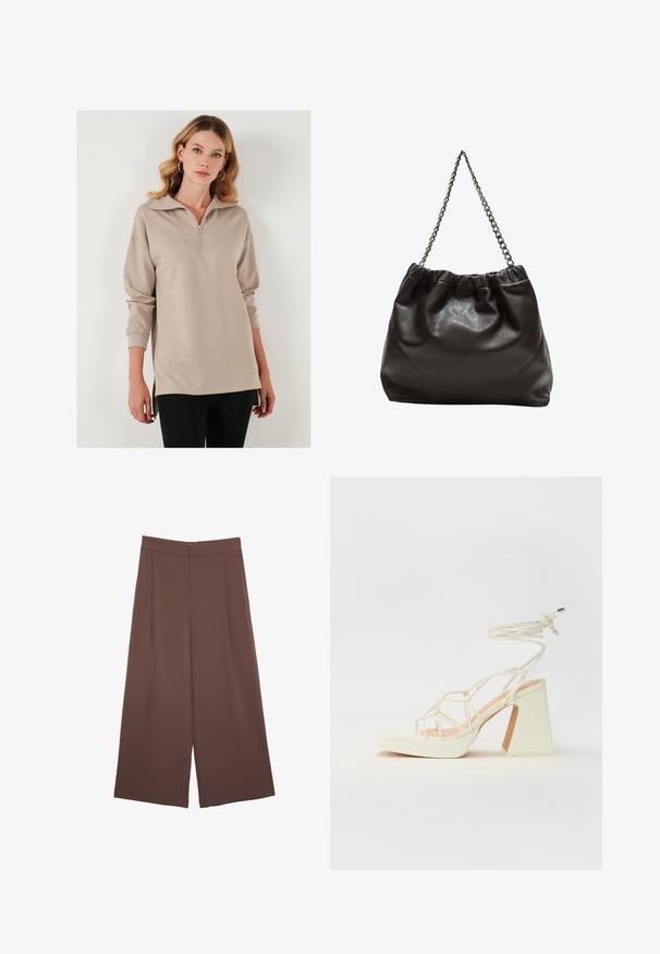 Beige neulepuvun puoliveto, ylisuurilla kauluksilla, pitkät hihat ja sivuaukot. Sileä kangas rentoa istuvuutta varten.; Ruskeat leveälahkeiset housut, joissa on sileä pinta, korkea vyötärö ja etupleat. Kangas on kevyttä ja laskeutuu väljänä.; Valkoinen korkokenkä, jossa on paksu korko, ja joka sisältää nauhakiinnityksen ja nilkkaketjun. Sujuva pinta, jossa on platform-etupohja lisäkorkeutta varten.; Ruskea nahkainen laukku, jossa on kerätty yläosa ja ketjuhihna. Tasainen pinta, jossa kiiltävä viimeistely ja hienovaraiset sauman yksityiskohdat sivuilla.