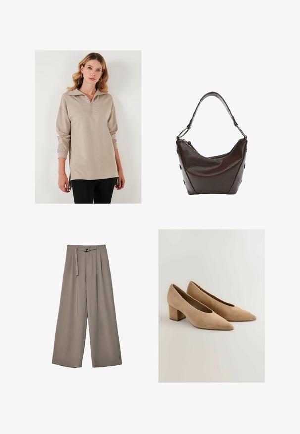 Beżowy sweter z połową zamka błyskawicznego z przodu, oversize'owy kołnierz, długie rękawy i boczne rozcięcia. Gładki materiał z luźnym krojem.; Spodnie o szerokich nogawkach w miękkim, stonowanym szarym materiale, z paskiem w talii i plisami dla dodania detali projektowych. Gładka tekstura, bez wzorów.; Beżowe zamszowe czółenka na słupku z ostrym noskiem o gładkiej fakturze. Charakteryzują się minimalistycznym designem i solidnym, nieco kwadratowym obcasem.; Ciemnobrązowa skórzana torebka o zaokrąglonym kształcie, zamykana na zamek błyskawiczny, z krótkim uchwytem. Posiada metalowe elementy i ozdobne czarne guziki po bokach.