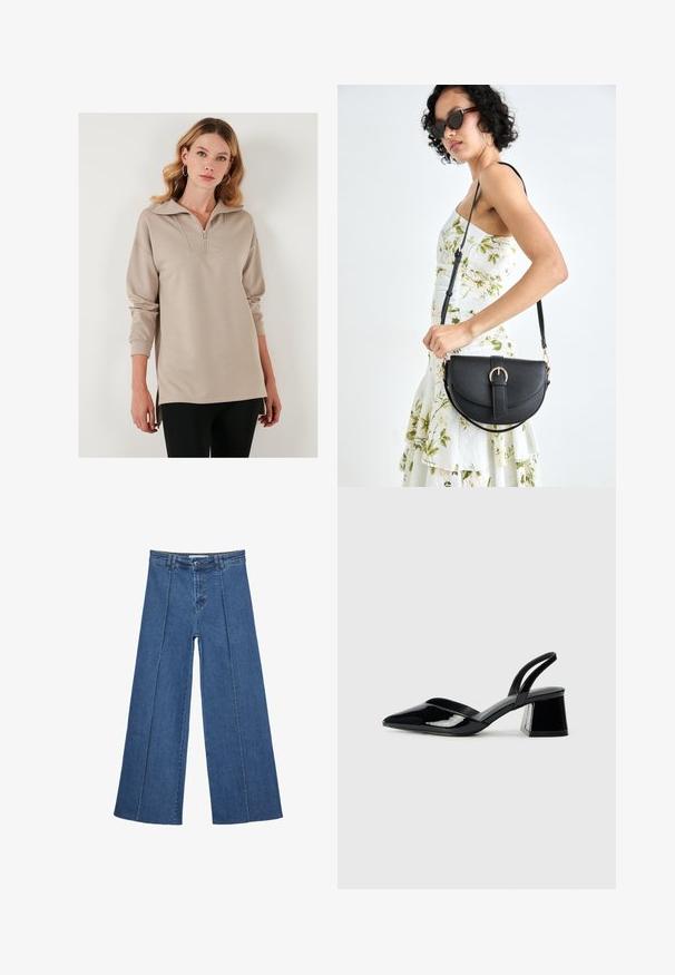 Beżowy sweter z połową zamka błyskawicznego z przodu, oversize'owy kołnierz, długie rękawy i boczne rozcięcia. Gładki materiał z luźnym krojem.; Jeans typu wide-leg w średnim niebieskim kolorze, z wysokim stanem, zapięciem na guziki oraz kontrastowymi szwami pionowymi z przodu.; Czarne lakierowane półbuty na obcasie z wydłużonym noskiem i geometrycznym słupkiem. Charakteryzują się eleganckim, minimalistycznym designem oraz gładką fakturą.; Czarna skórzana torebka o zakrzywionym kształcie, z odpinanym paskiem i złotymi akcentami. Torebka posiada klapę z zapięciem w kształcie klamry.