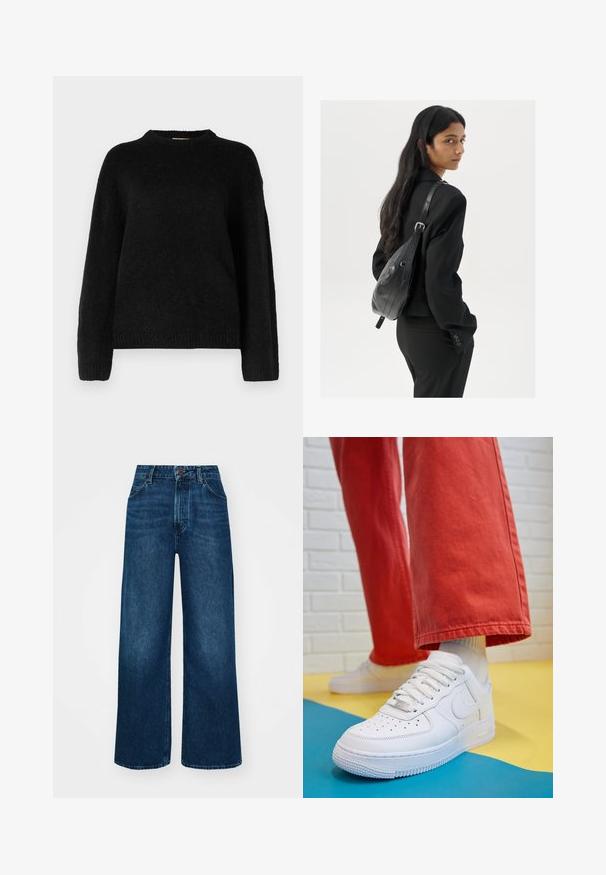 Gina Tricot CREW NECK - Pulóver - black; Magas derekú, széles szárú farmernadrág sötétkék denimből, sima tapintással, kontrasztos varrással és öt zsebes kialakítással. Elöl gombos záródás.; Fehér bőr edzőcipő perforált orral, texturált talppal és fehér fűzővel, széles vörös nadrággal párosítva, kék és sárga háttérrel.; Hosszú, sötét hajú nő fekete öltönyben, fekete bőrtáskával a vállán, a vállán át néz a fehér háttér előtt.
