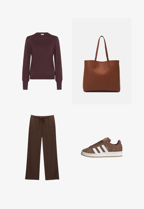 Bordeaux langærmet sweater med høj krave, ribbet tekstur og knapdetaljer på ærmerne. Letvægtigt strikmateriale.; Brune brede bukser lavet af blød stof, med elastisk talje og snøre samt to sidelommer.; Brune ruskinds sneakers med hvide læderstriber, gummisål, rund tå og snørebåndsfront. Har et logo på tungen og perforerede detaljer.; Brun læder tote taske med en glat overflade, åben topdesign og to skulderremme. Har minimal syning og ingen synlig hardware.