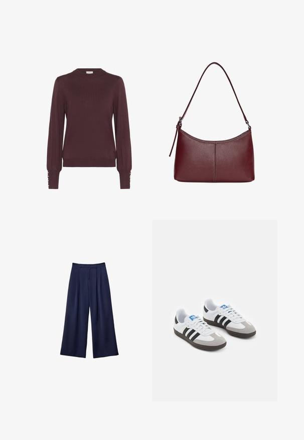 Burgundy pitkähihaine villapaita korkealla kauluksella, ribbikuvioitu pinta ja nappikoristeet hihoissa. Kevyt neulosmateriaali.; Tumma sininen leveälahkeinen housu, jossa on pleateja, napillinen vyötärö ja vyölenkit, esiteltynä litteänä valkoista taustaa vasten.; Urheilukengät, joissa on valkoinen nahkainen päällinen, harmaa mokkanokka ja kolme mustaa raitaa. Ominaisuuksina sininen logo kielekkeessä ja kuvioitu kumipohja.; Maroon-värinen nahkalaukku, jossa on kaareva muoto, yksi olkahihna ja keskellä ommeltu yksityiskohta. Sileä pinta, minimaalinen varustelu.